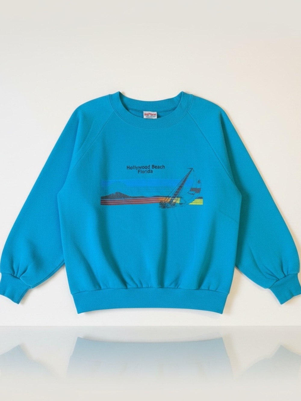 Vintage OD Tees Men’s Single Stitch Crewneck Sweatshirt -Teal with Beach Graphic